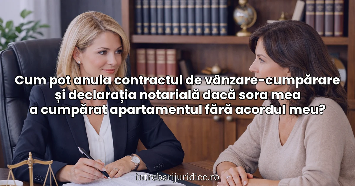 Cum pot anula contractul de vânzare-cumpărare și declarația notarială dacă sora mea a cumpărat apartamentul fără acordul meu?