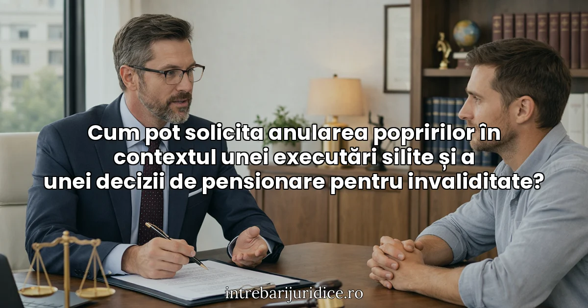 Cum pot solicita anularea popririlor în contextul unei executări silite și a unei decizii de pensionare pentru invaliditate?