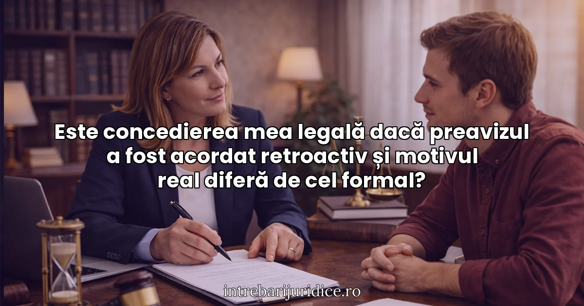 Este concedierea mea legală dacă preavizul a fost acordat retroactiv și motivul real diferă de cel formal?