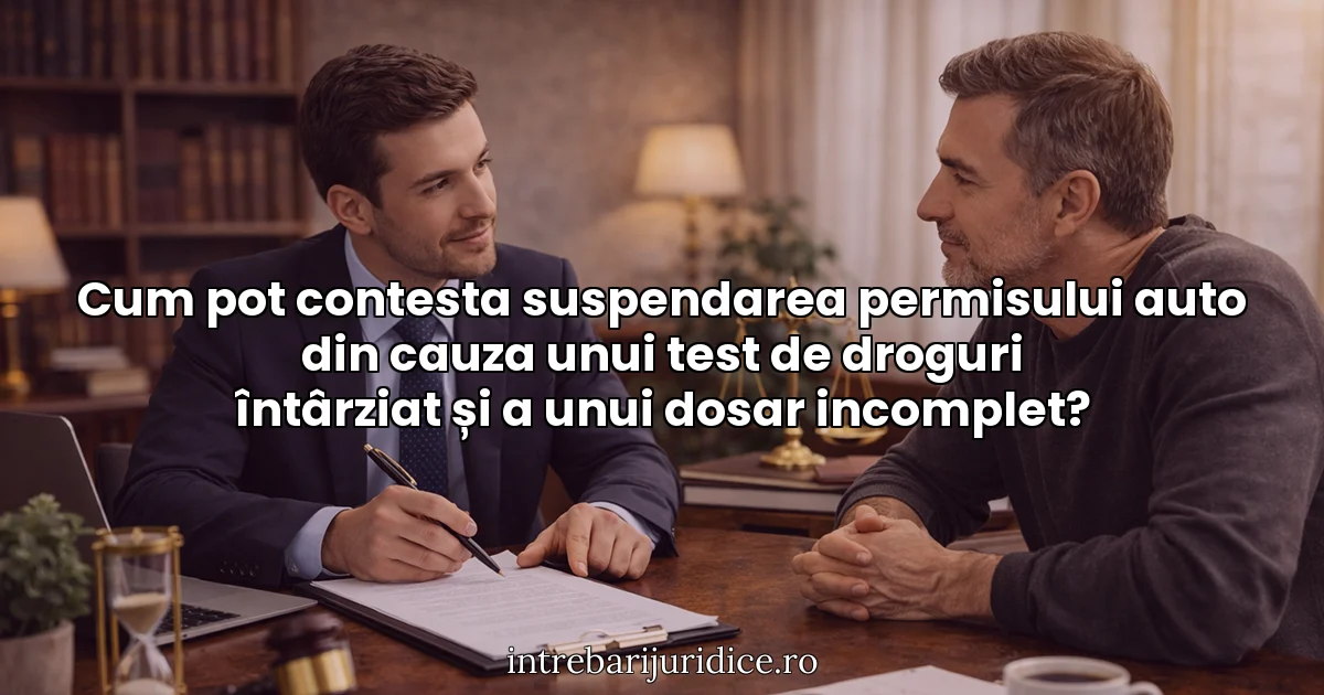 Cum pot contesta suspendarea permisului auto din cauza unui test de droguri întârziat și a unui dosar incomplet?