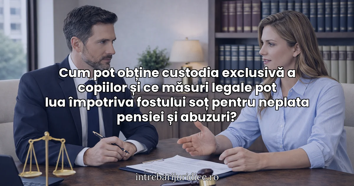 Cum pot obține custodia exclusivă a copiilor și ce măsuri legale pot lua împotriva fostului soț pentru neplata pensiei și abuzuri?