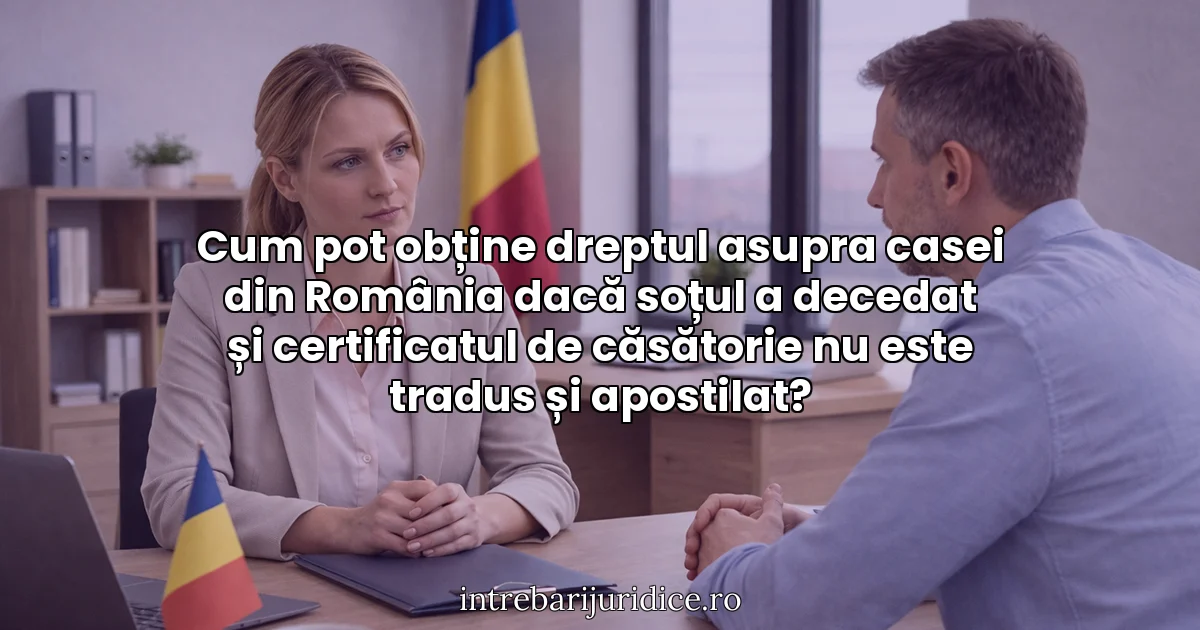 Cum pot obține dreptul asupra casei din România dacă soțul a decedat și certificatul de căsătorie nu este tradus și apostilat?