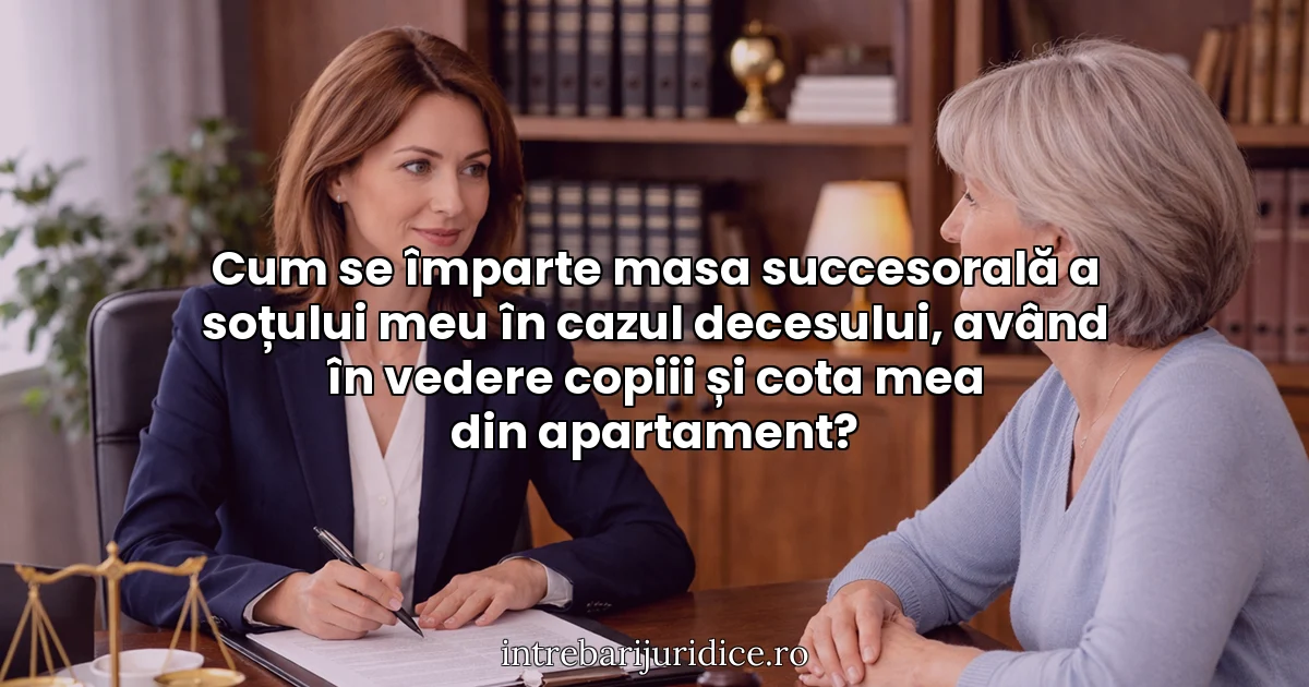 Cum se împarte masa succesorală a soțului meu în cazul decesului, având în vedere copiii și cota mea din apartament?