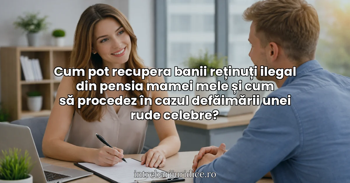 Cum pot recupera banii reținuți ilegal din pensia mamei mele și cum să procedez în cazul defăimării unei rude celebre?